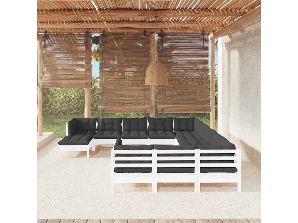 Salon de jardin 12 pc avec coussin Blanc Bois de pin 2