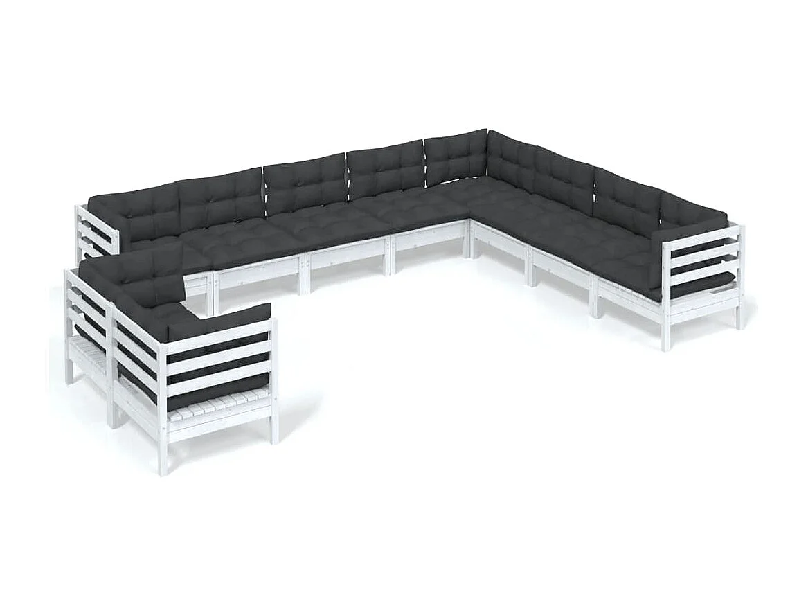 Salon de jardin 10 pc avec coussin Blanc Bois de pin solide