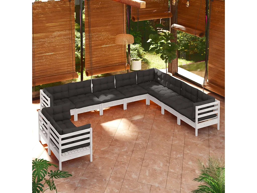 Salon de jardin 10 pc avec coussin Blanc Bois de pin solide