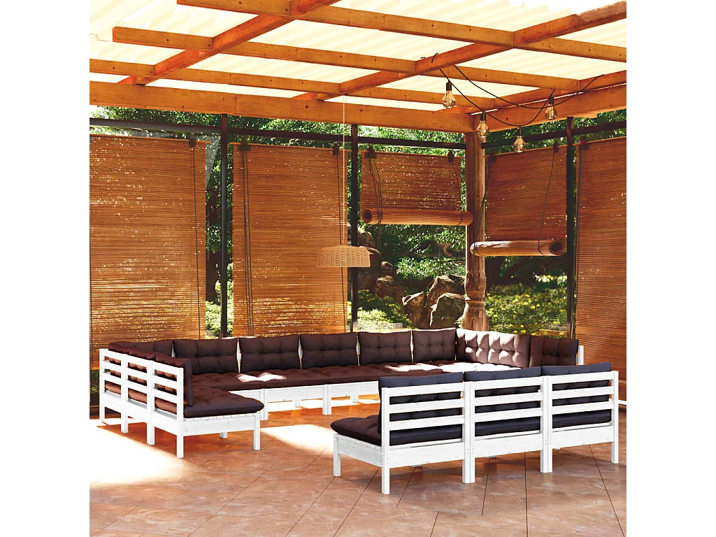 Salon de jardin 13 pc avec coussin Blanc Bois de pin solide 3