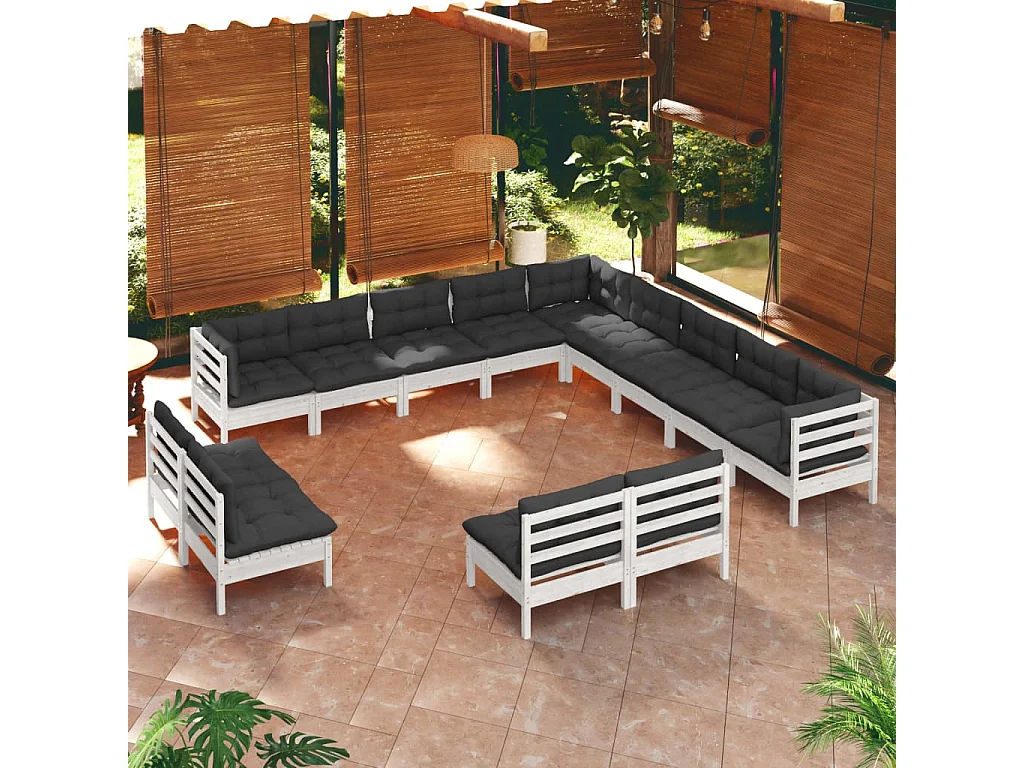 Salon de jardin 13 pc avec coussin Blanc Bois de pin solide 2