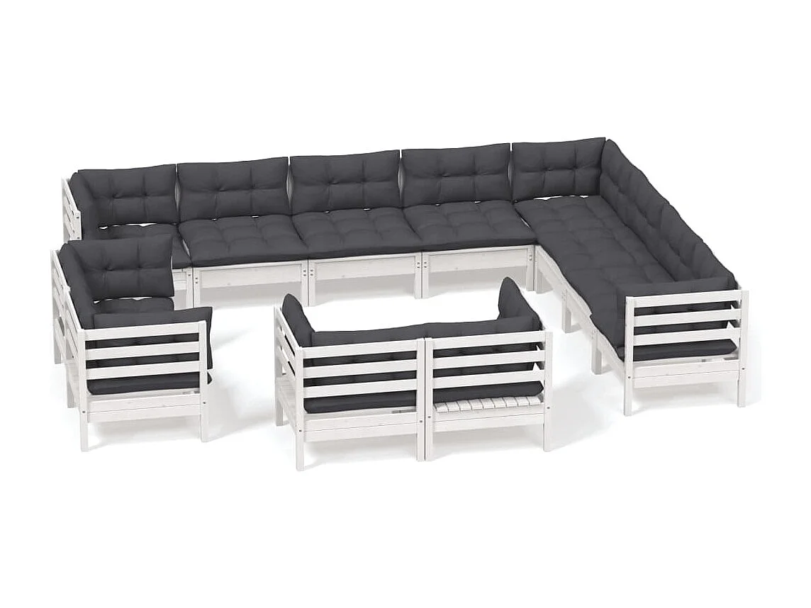 Salon de jardin 12 pc avec coussin Blanc Bois de pin solide