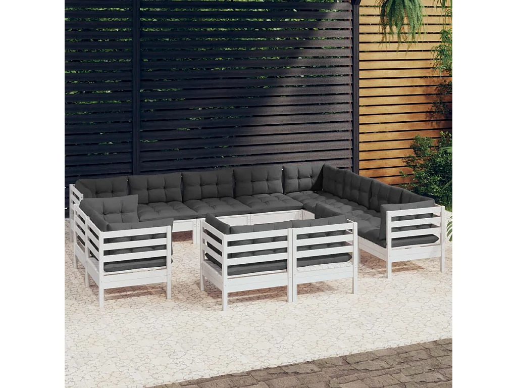 Salon de jardin 12 pc avec coussin Blanc Bois de pin solide