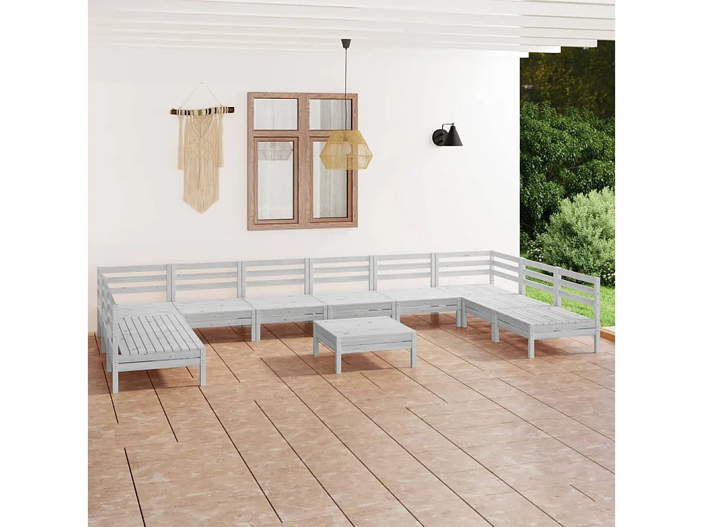 Salon de jardin 11 pc Blanc Bois de pin massif 20