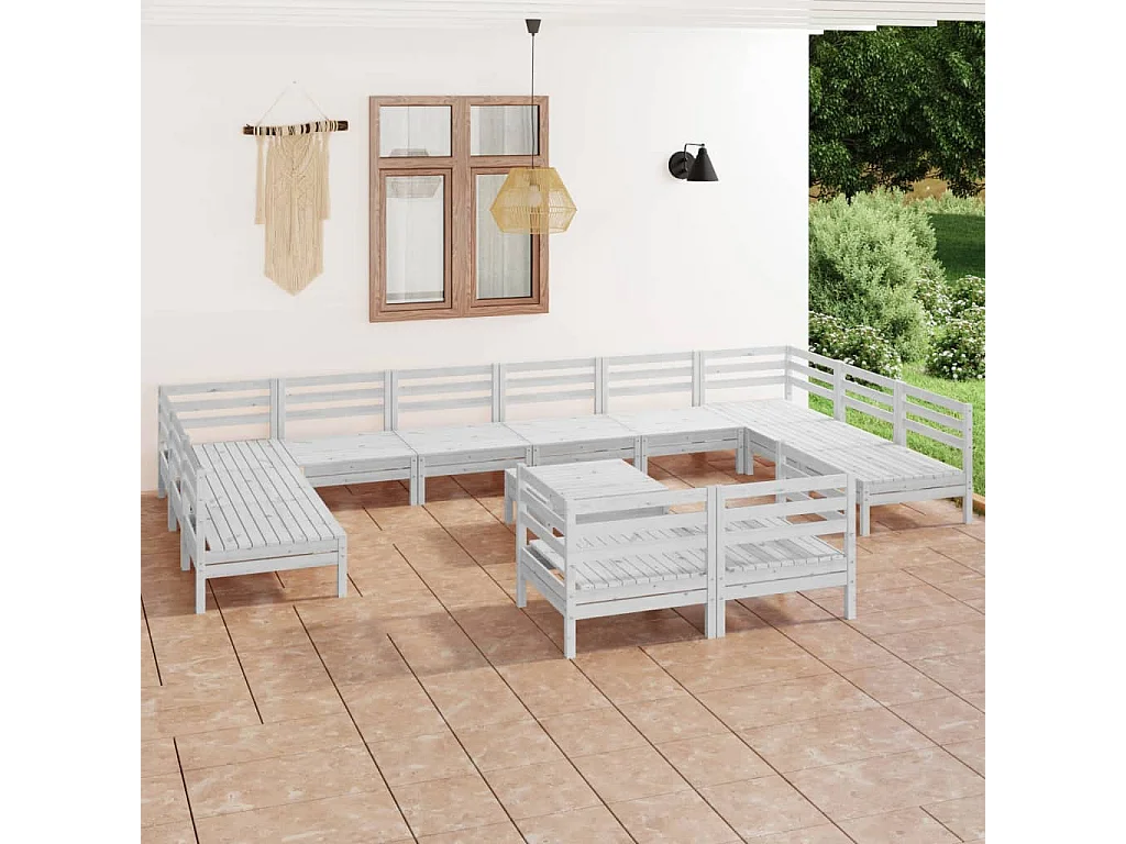 Salon de jardin 13 pc Blanc Bois de pin massif 9