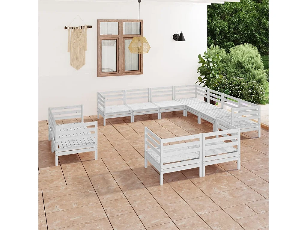 Salon de jardin 11 pc Bois de pin massif Blanc 4