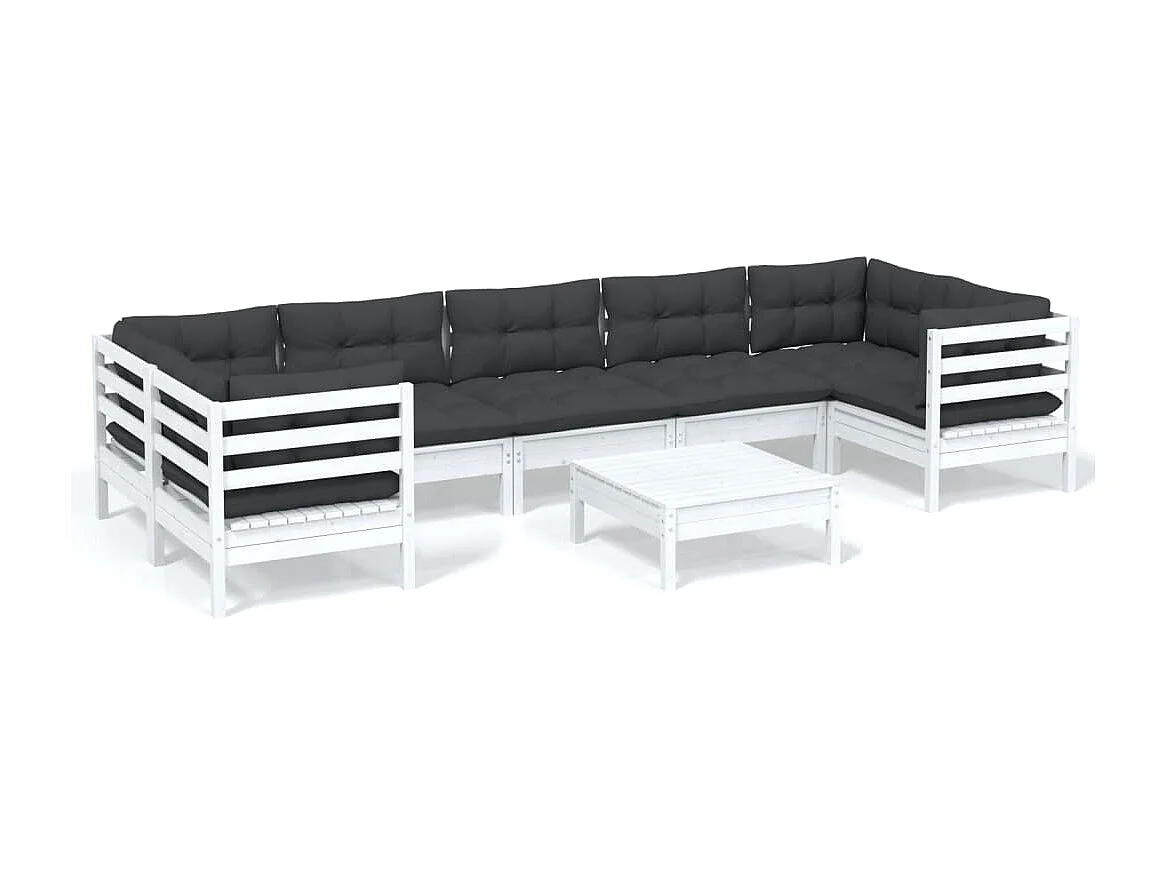 Salon de jardin 8 pc avec coussin Blanc Bois de pin