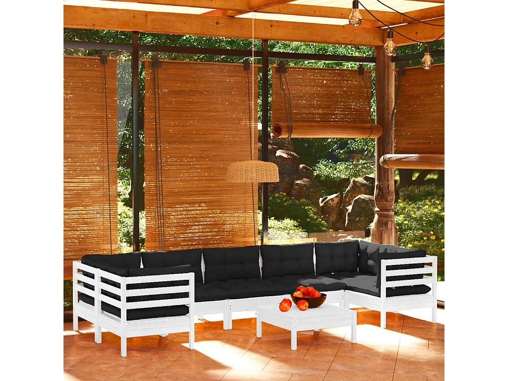 Salon de jardin 8 pc avec coussin Blanc Bois de pin