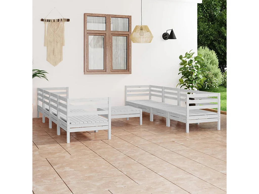 Salon de jardin 9 pc Blanc Bois de pin massif 34