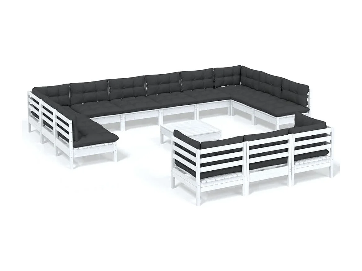 Salon de jardin 14 pc avec coussin Blanc Bois de pin