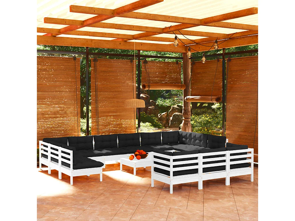 Salon de jardin 14 pc avec coussin Blanc Bois de pin