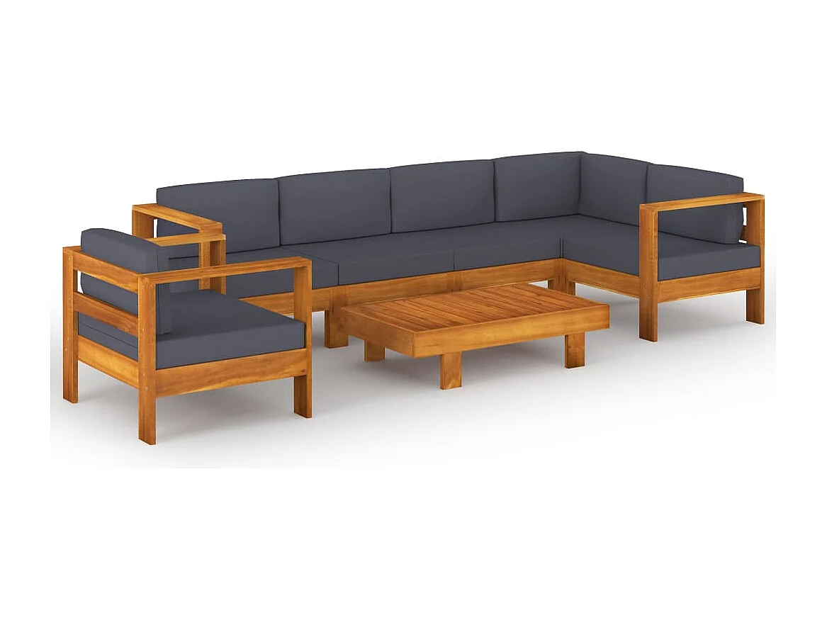 Salon de jardin 7 pc avec coussin gris foncé Bois d'acacia