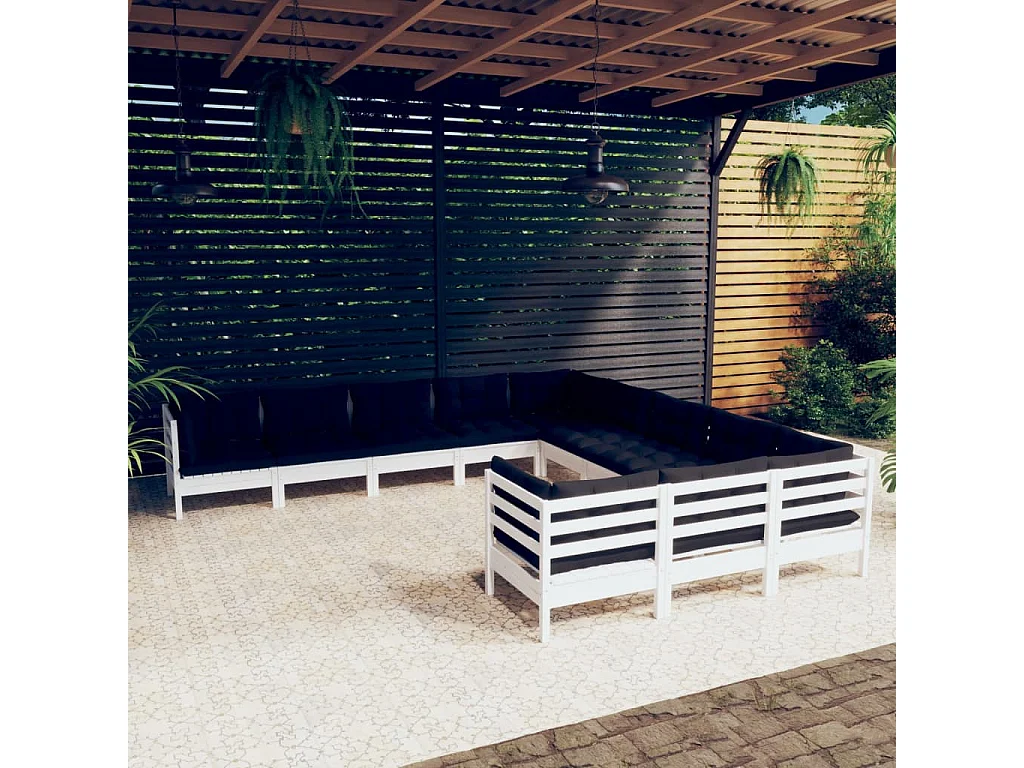 Salon de jardin 11 pc avec coussin Blanc Bois de pin