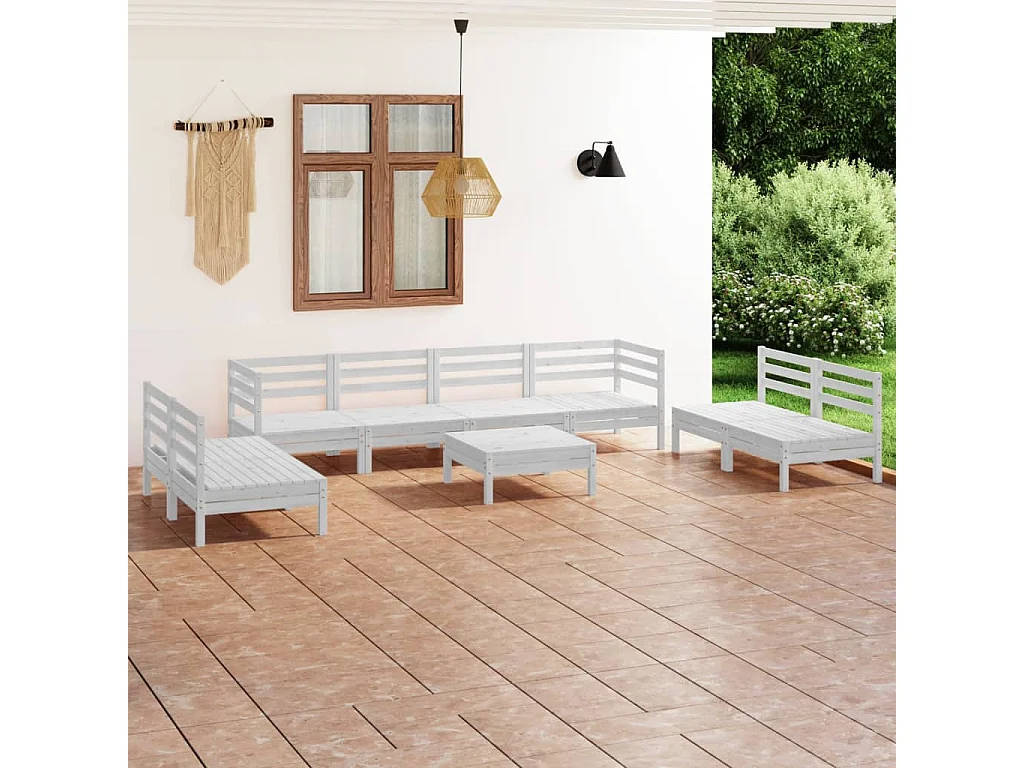 Salon de jardin 9 pc Blanc Bois de pin massif 32