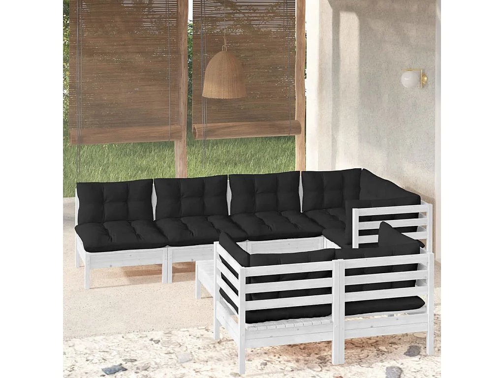 Salon de jardin 8 pc avec coussin Blanc Bois de pin massif 2