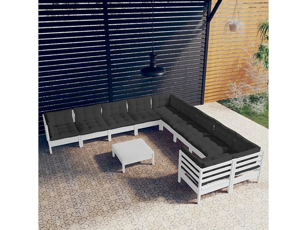 Salon de jardin 11 pc avec coussin Blanc Bois de pin 3
