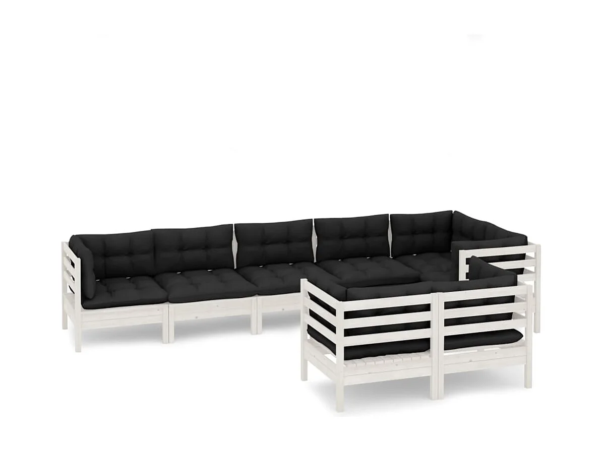 Salon de jardin 8 pc avec coussin Blanc Bois de pin massif