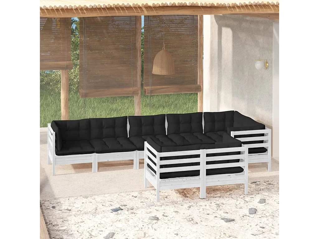 Salon de jardin 8 pc avec coussin Blanc Bois de pin massif