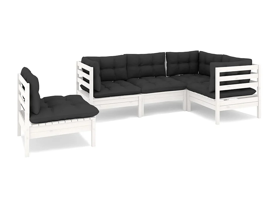 Salon de jardin 5 pc avec coussin Blanc Bois de pin 2