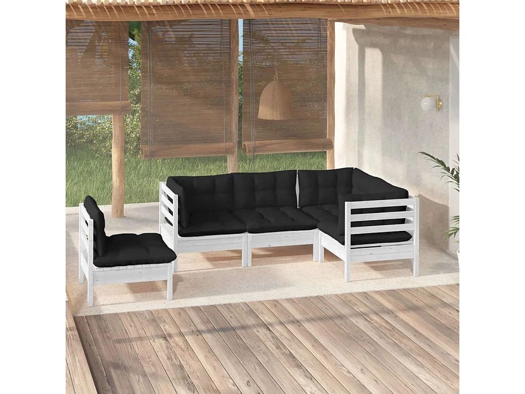 Salon de jardin 5 pc avec coussin Blanc Bois de pin 2