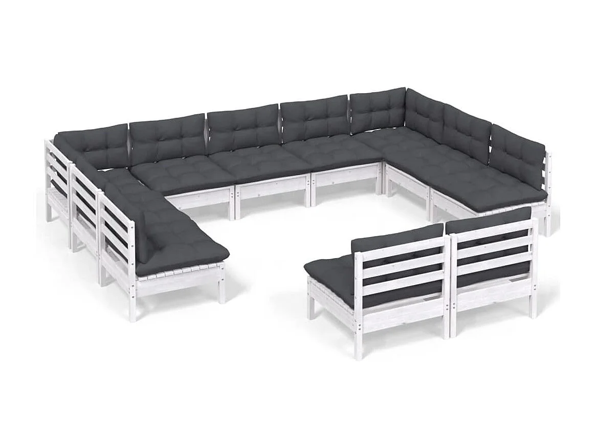 Salon de jardin 11 pc avec coussin Blanc Bois de pin solide