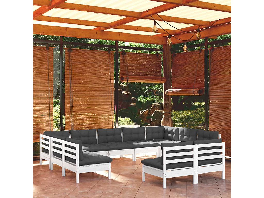 Salon de jardin 11 pc avec coussin Blanc Bois de pin solide