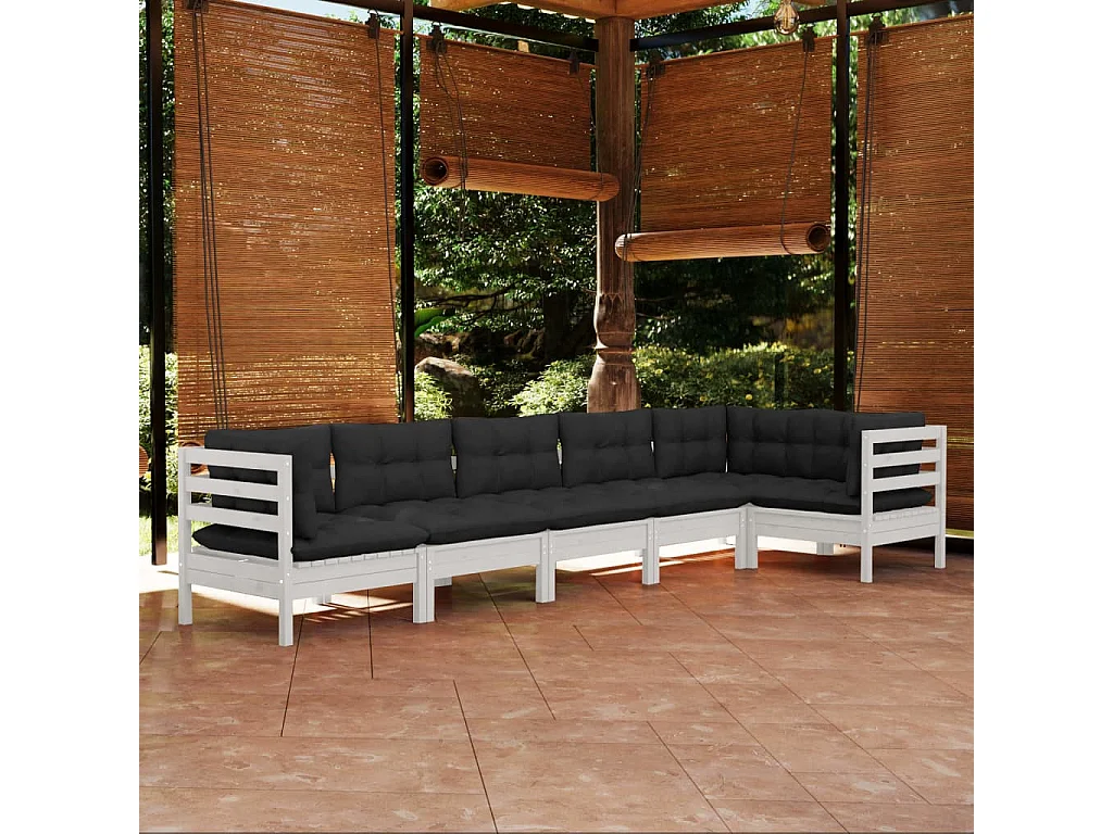 Salon de jardin 6 pc avec coussin Blanc Bois de pin 2