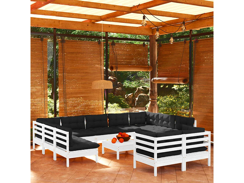 Salon de jardin 12 pc avec coussin Blanc Bois de pin solide 3
