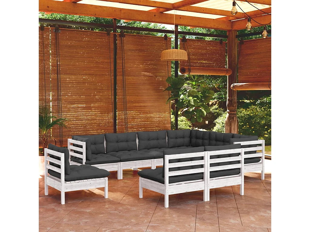 Salon de jardin 9 pc avec coussin Blanc Bois de pin solide 2
