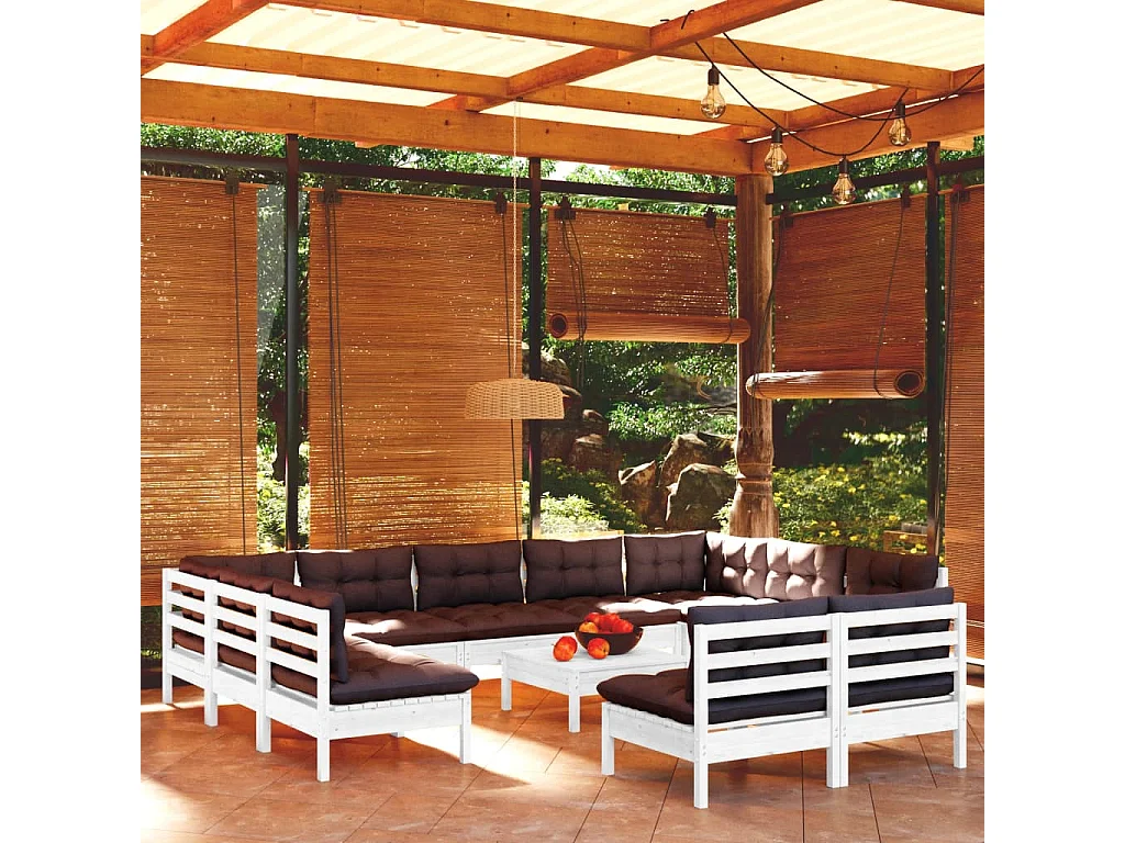 Salon de jardin 12 pc avec coussin Blanc Bois de pin solide 4