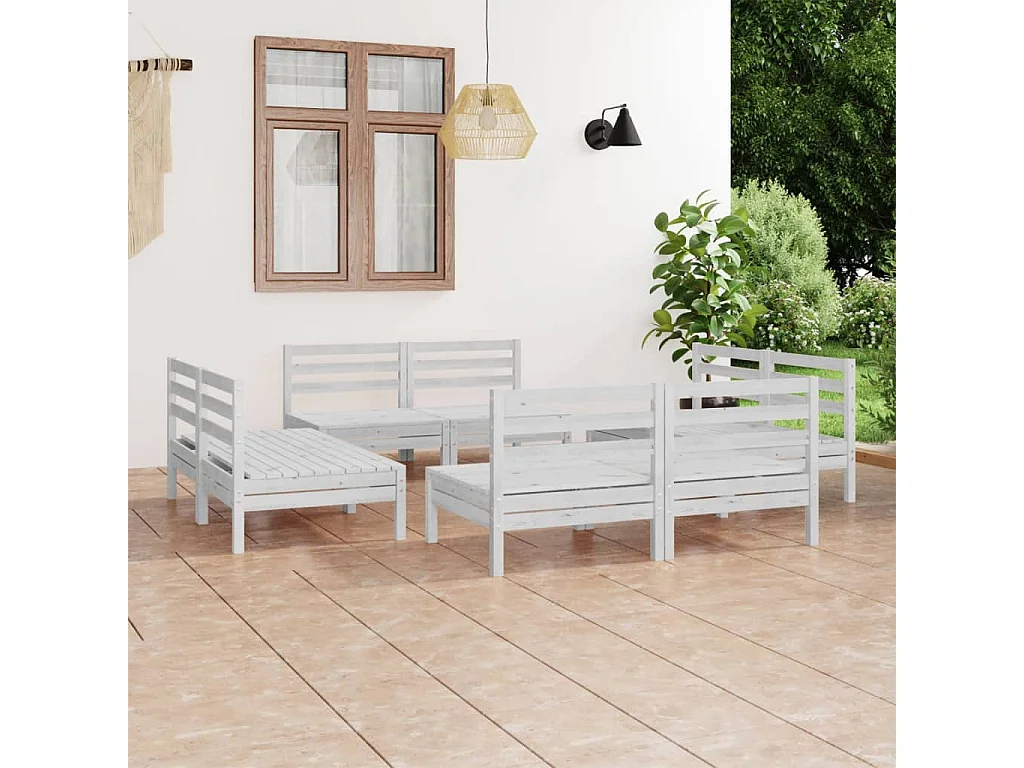 Salon de jardin 8 pc Blanc Bois de pin massif 27
