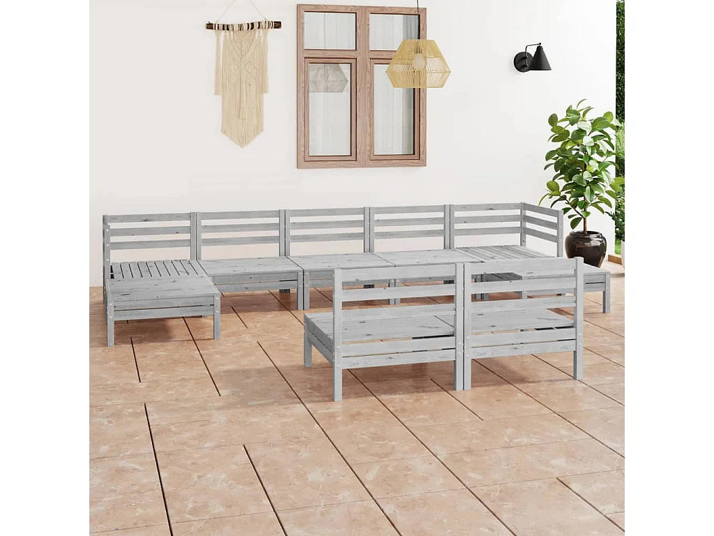 Salon de jardin 9 pc Blanc Bois de pin massif 23