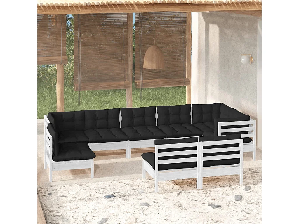 Salon de jardin 9 pc avec coussin Blanc Bois de pin massif 3