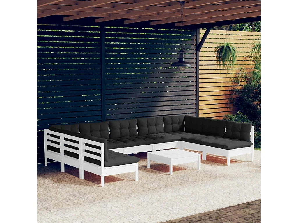 Salon de jardin 10 pc avec coussin Blanc Bois de pin solide 5