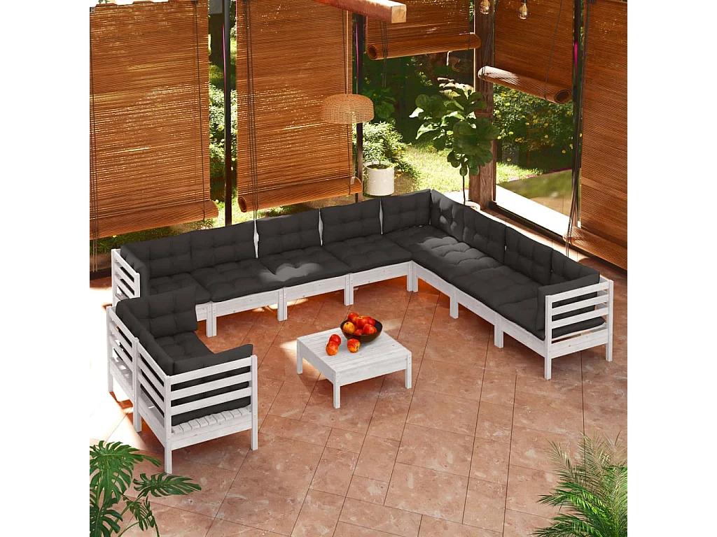 Salon de jardin 11 pc avec coussin Blanc Bois de pin solide 4