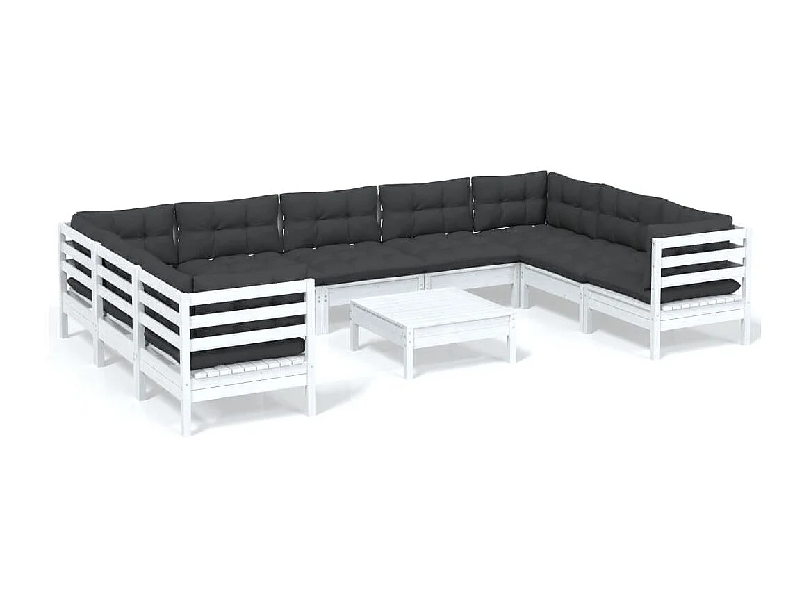 Salon de jardin 10 pc avec coussin Blanc Bois de pin