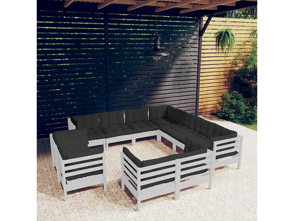 Salon de jardin 11 pc avec coussin Blanc Bois de pin solide 2