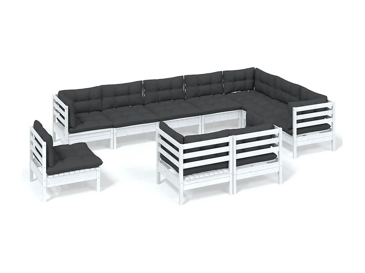 Salon de jardin 10 pc avec coussin Blanc Bois de pin solide 3