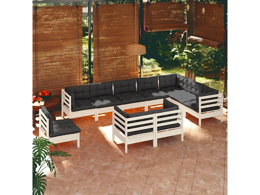 Salon de jardin 10 pc avec coussin Blanc Bois de pin solide 3