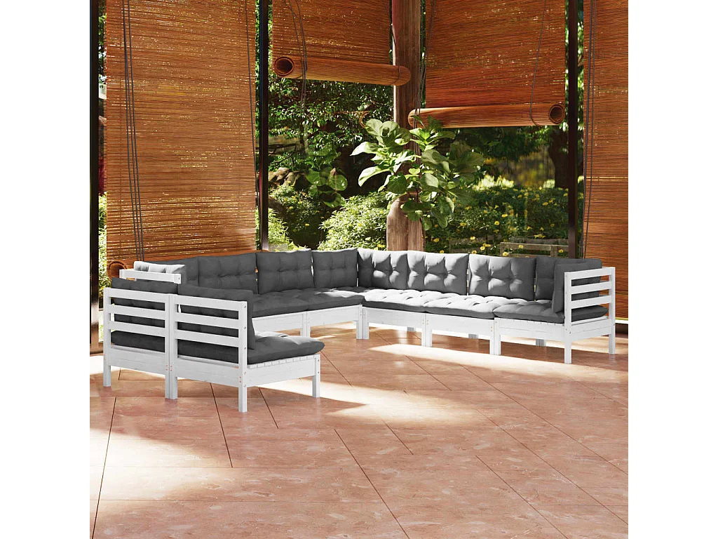 Salon de jardin 9 pc avec coussin Blanc Bois de pin solide 4