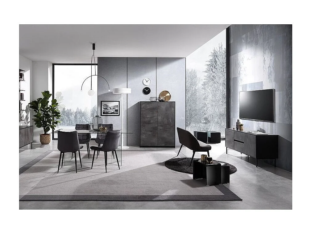 Meuble TV suspendu 2 porte 2 niche mélaminé noir et gris Lobi L 150cm