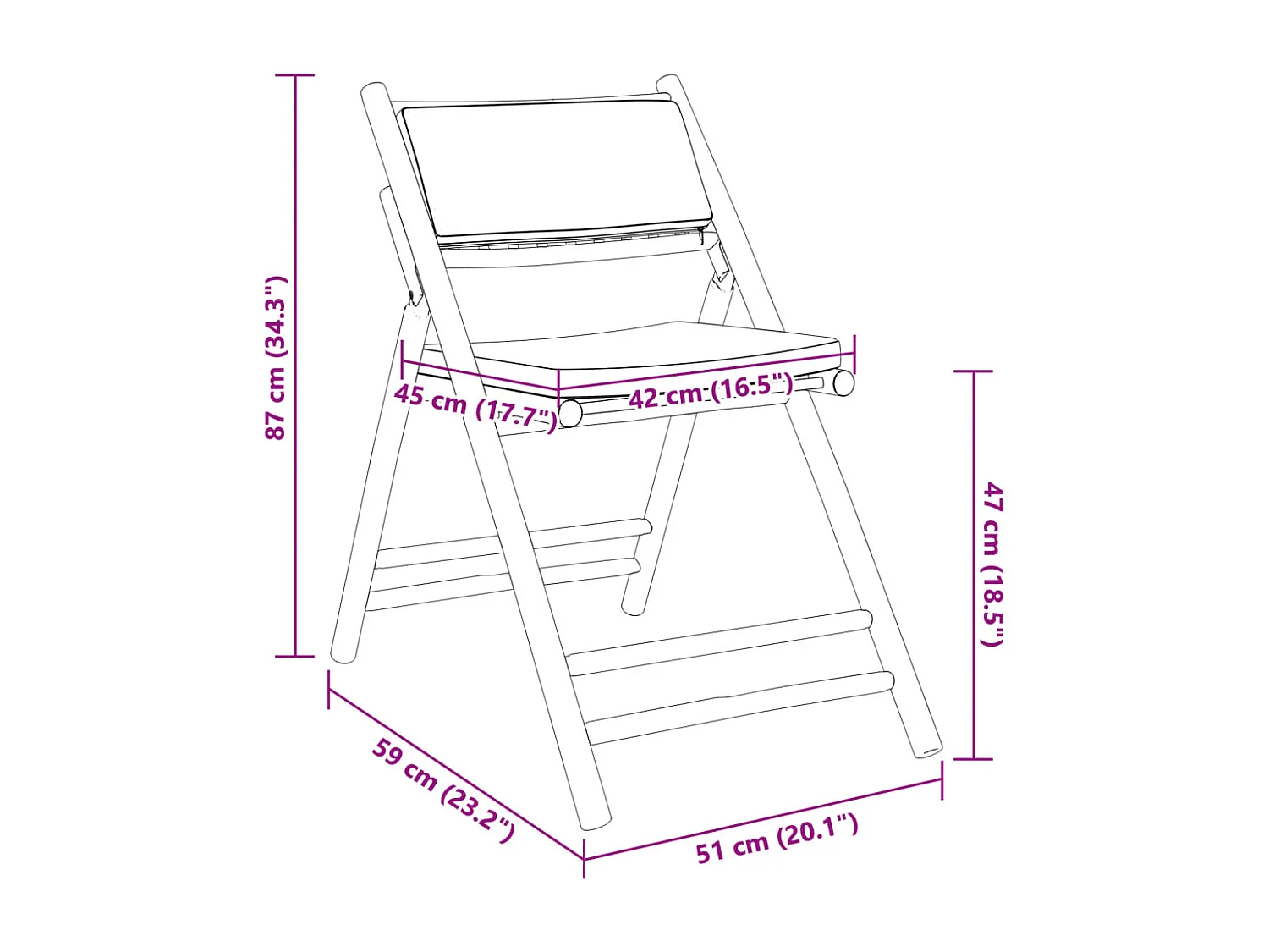 Chaise de bistro pliante lot de 2 et coussin blanc crème