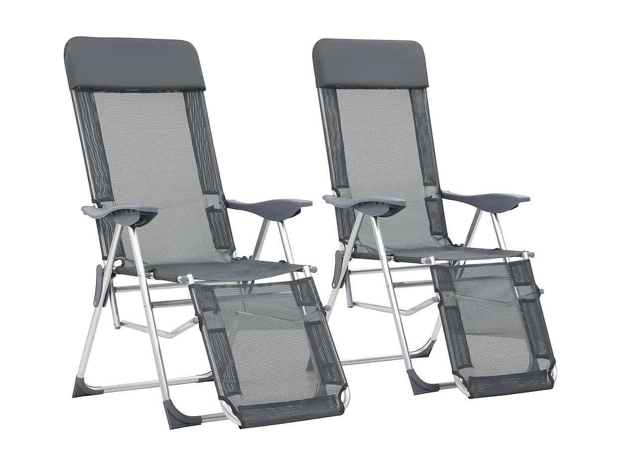 Chaise de camping pliante et repose-pied 2 pc gris textilène