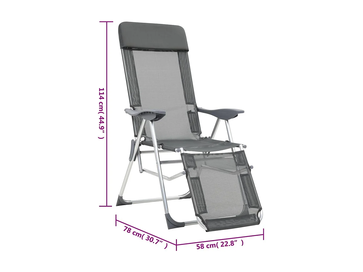 Chaise de camping pliante et repose-pied 2 pc gris textilène
