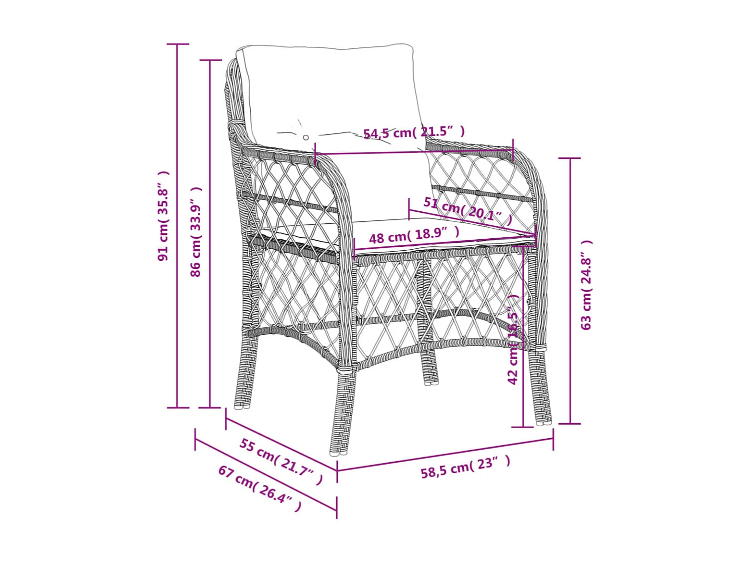 Chaise de jardin avec coussin lot de 2 marron résine tressée