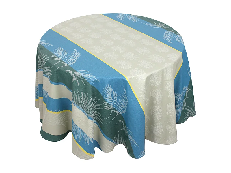 Nappe ronde 170 cm PALMIER bleu lagon Jacquard coton + enduction acrylique