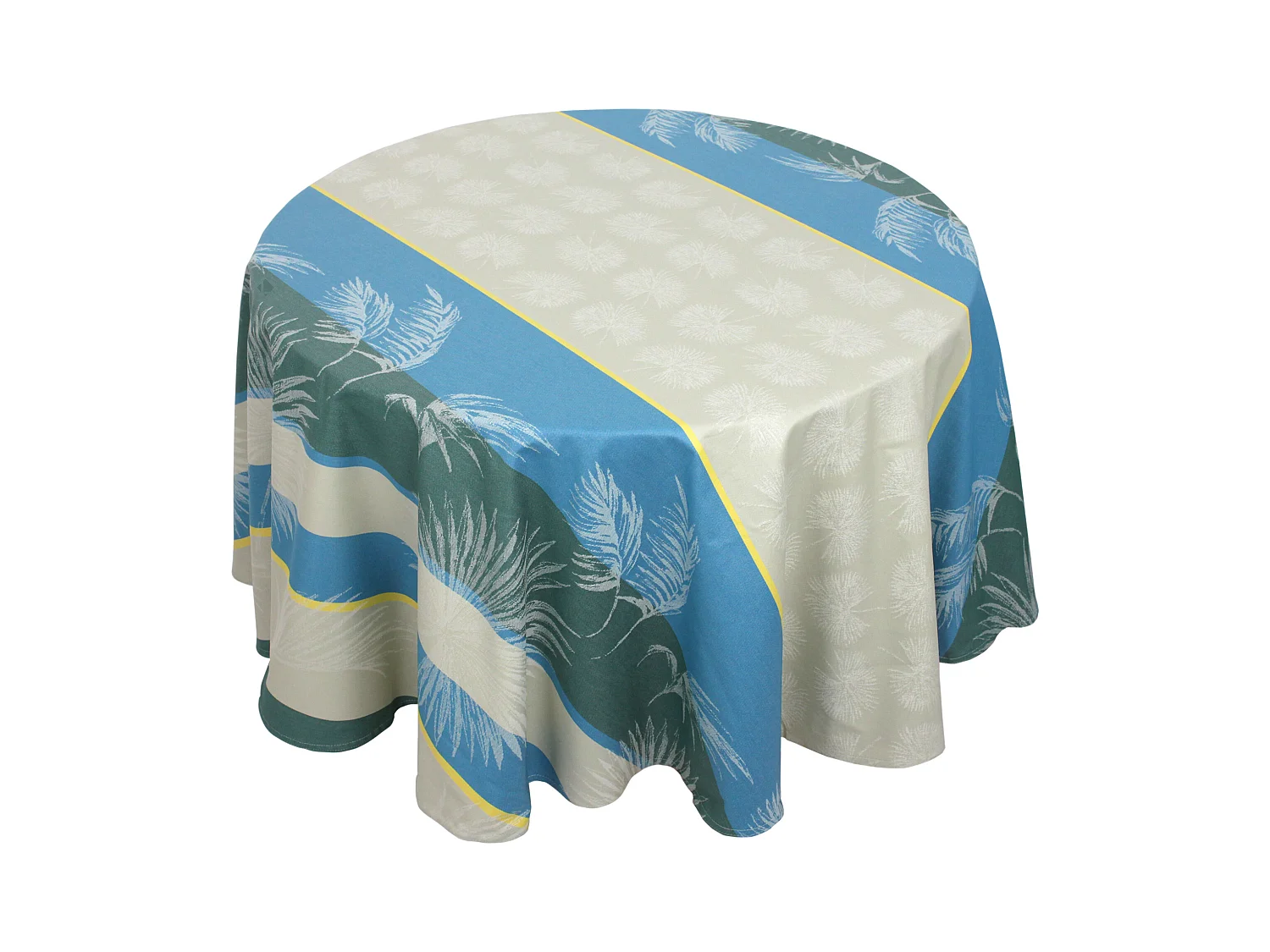 Nappe ronde 170 cm PALMIER bleu lagon Jacquard coton + enduction acrylique
