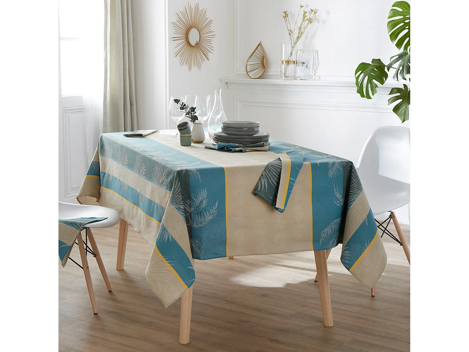 Nappe ronde 170 cm PALMIER bleu lagon Jacquard coton + enduction acrylique