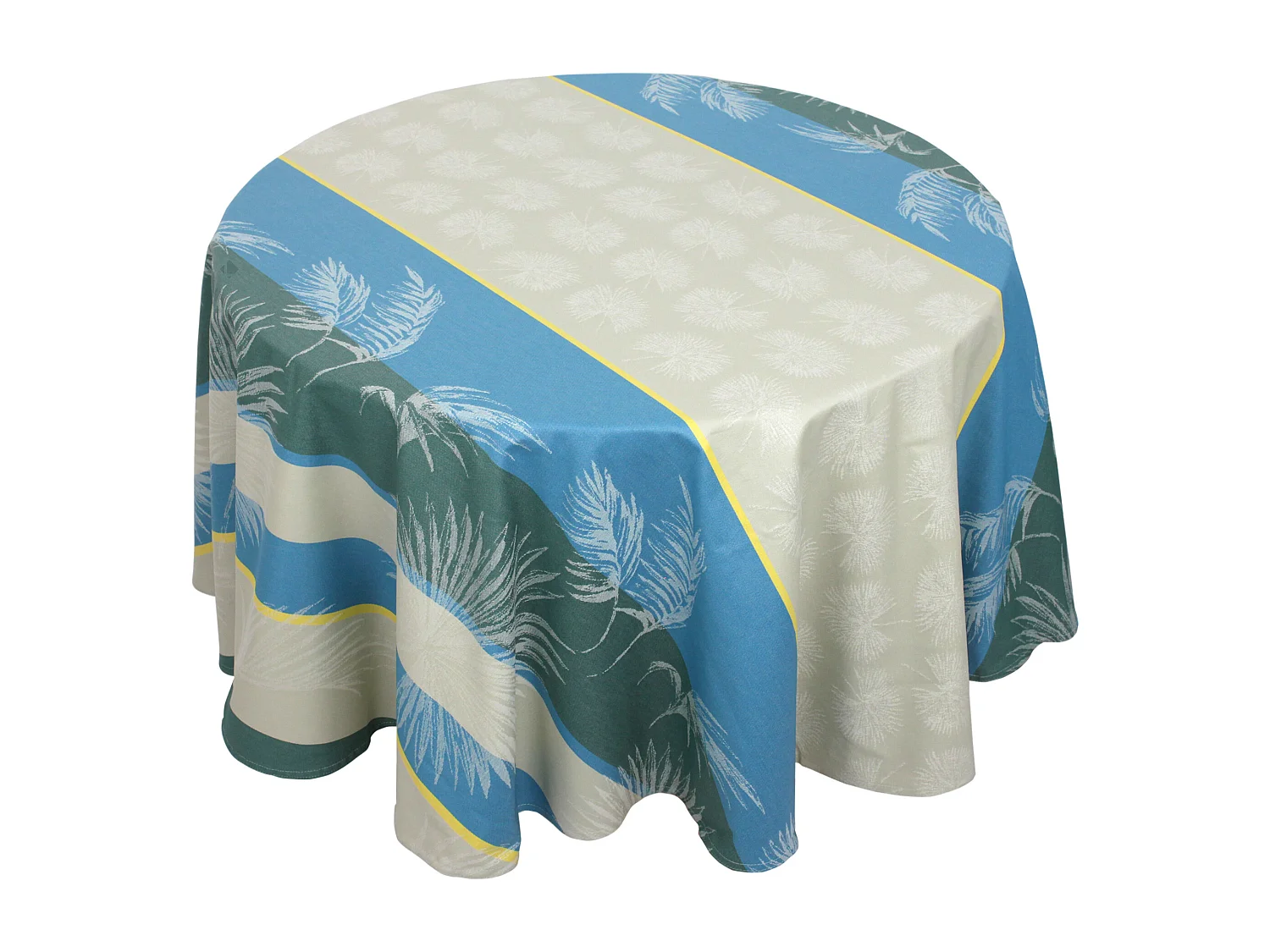 Nappe ronde 170 cm PALMIER bleu lagon Jacquard coton + enduction acrylique