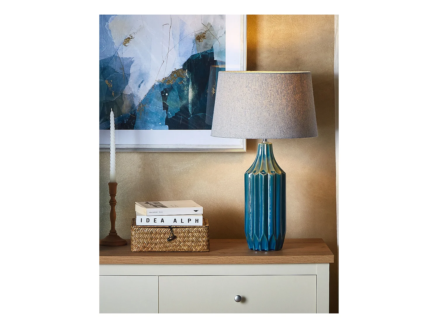 Tischlampe aus Keramik Fuß blau Lampenschirm hellgrau 56 cm Abava